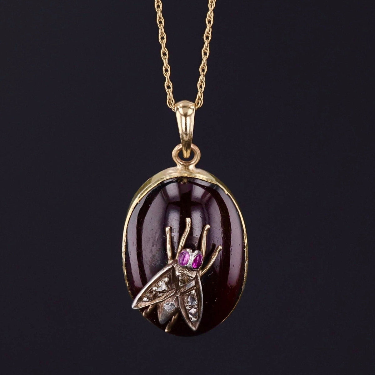 Antique Insect Pendant or Charm | Antique Garnet &amp; Diamond Fly Pendant with Optional 14k Chain - Trademark Antiques