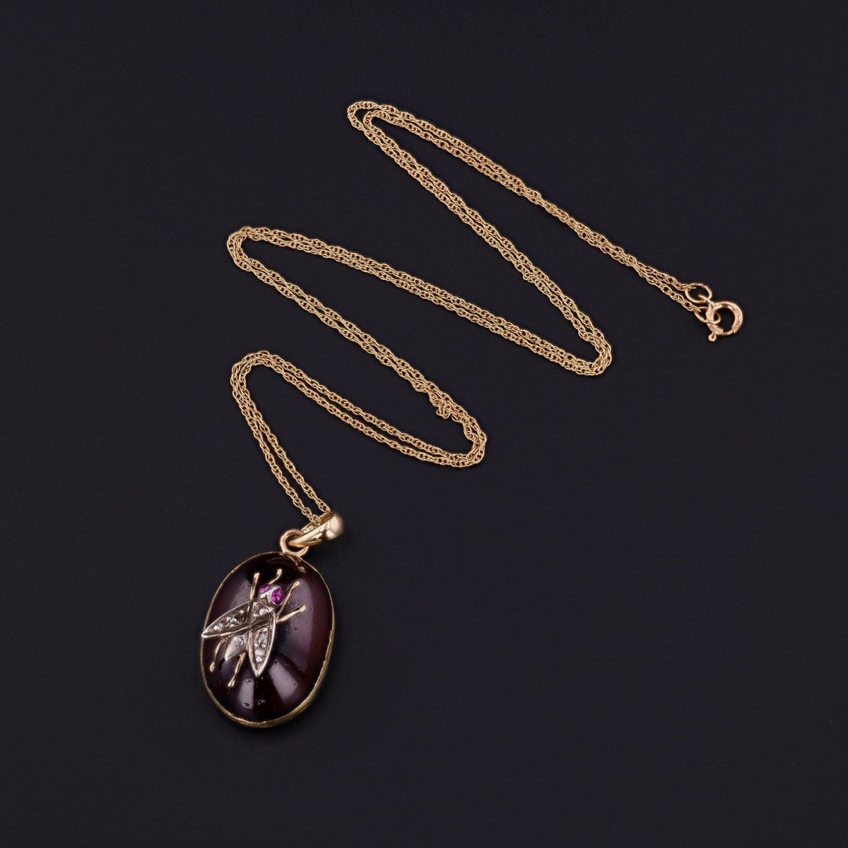 Antique Insect Pendant or Charm | Antique Garnet &amp; Diamond Fly Pendant with Optional 14k Chain - Trademark Antiques