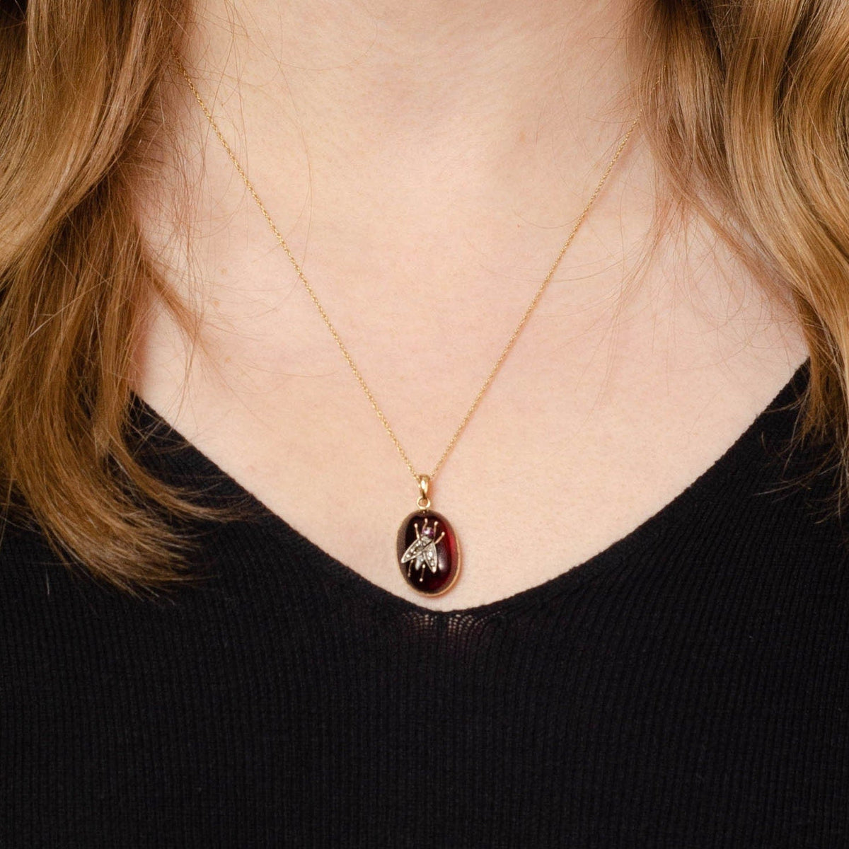 Antique Insect Pendant or Charm | Antique Garnet &amp; Diamond Fly Pendant with Optional 14k Chain - Trademark Antiques