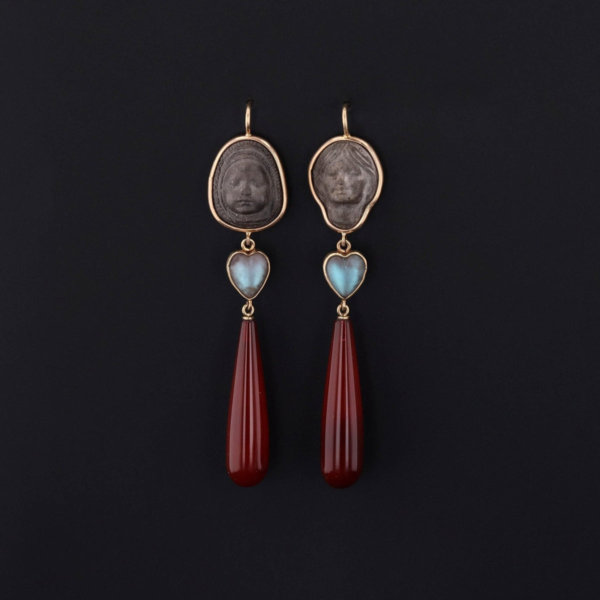 Antique Lava Cameo and Carnelian Conversion Earrings of 14k Gold - Trademark Antiques