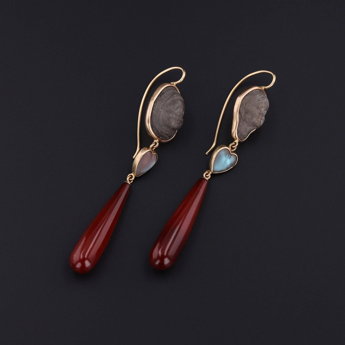 Antique Lava Cameo and Carnelian Conversion Earrings of 14k Gold - Trademark Antiques