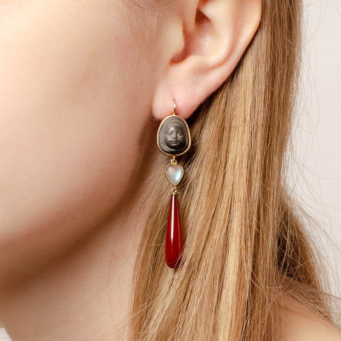 Antique Lava Cameo and Carnelian Conversion Earrings of 14k Gold - Trademark Antiques