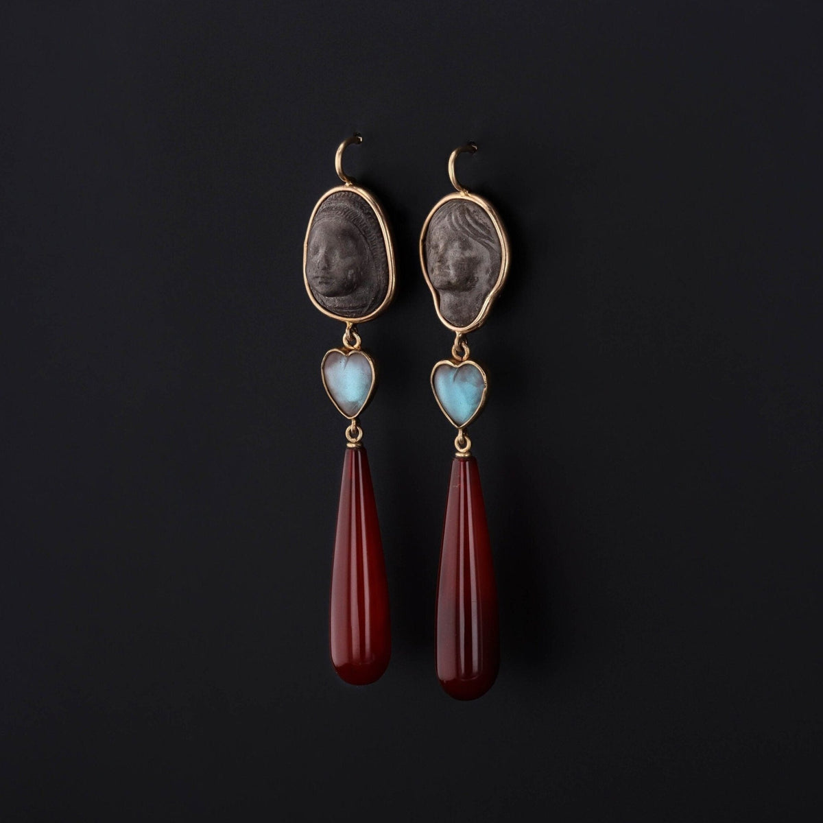 Antique Lava Cameo and Carnelian Conversion Earrings of 14k Gold - Trademark Antiques