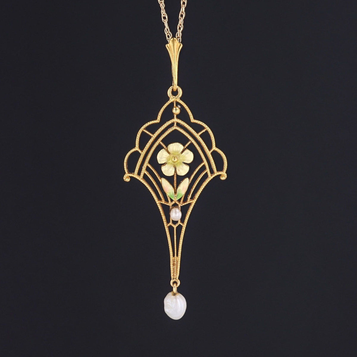 Antique Lavalier Pendant | 14k Gold &amp; Enamel Pendant by Krementz on Optional 14k Chain - Trademark Antiques