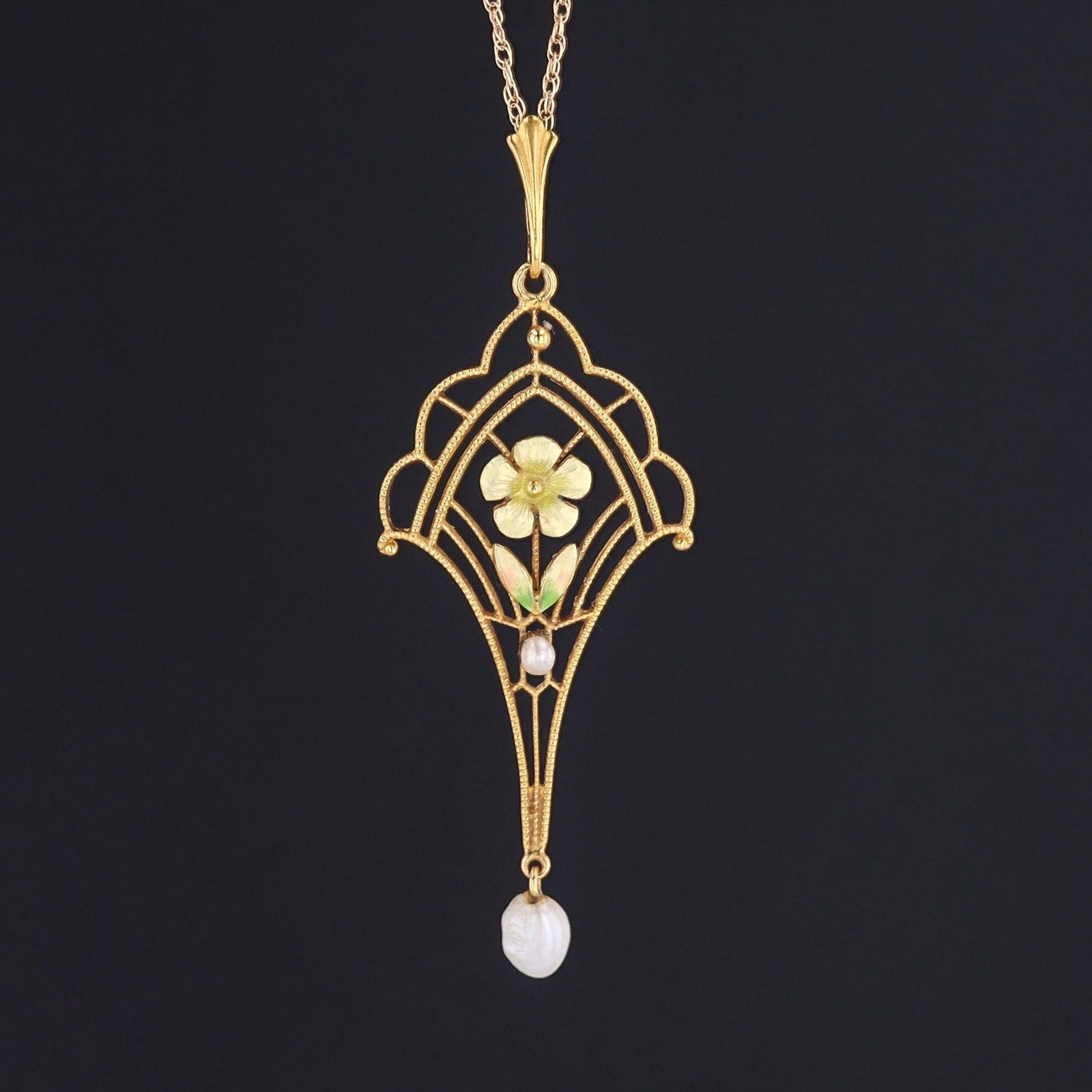 Antique Lavalier Pendant | 14k Gold & Enamel Pendant by Krementz on Optional 14k Chain - Trademark Antiques
