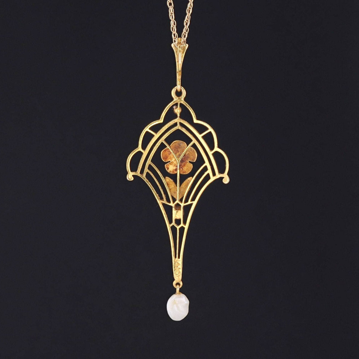 Antique Lavalier Pendant | 14k Gold &amp; Enamel Pendant by Krementz on Optional 14k Chain - Trademark Antiques