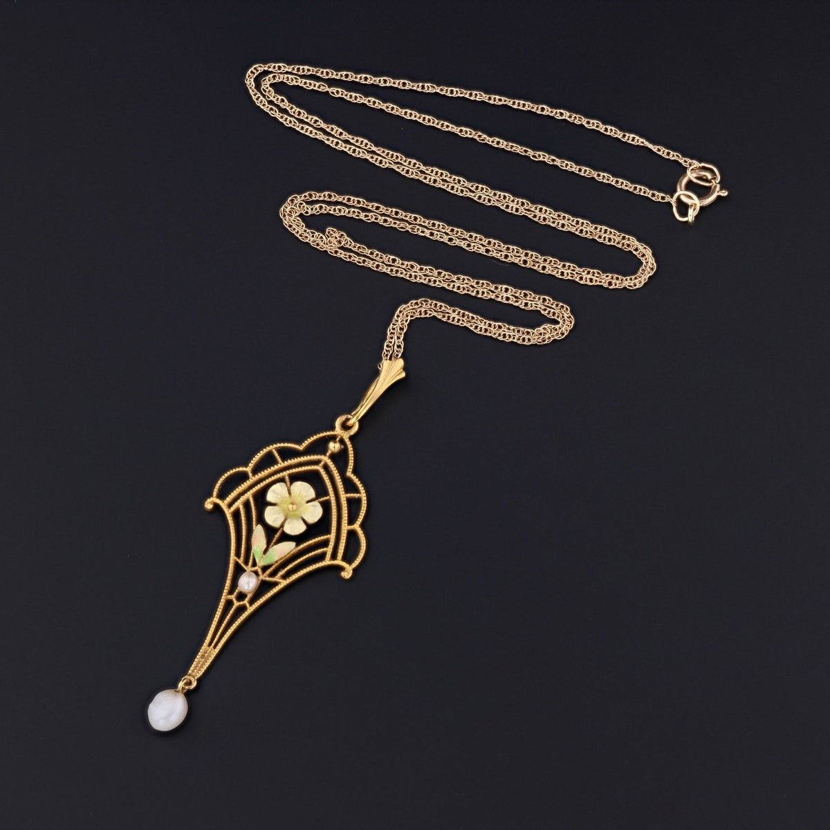 Antique Lavalier Pendant | 14k Gold &amp; Enamel Pendant by Krementz on Optional 14k Chain - Trademark Antiques