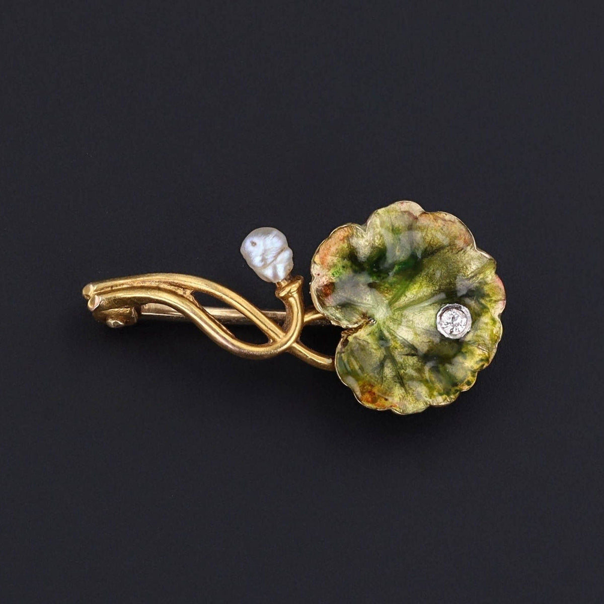 Antique Lily Pad Brooch | Enamel, Diamond &amp; Pearl Brooch - Trademark Antiques