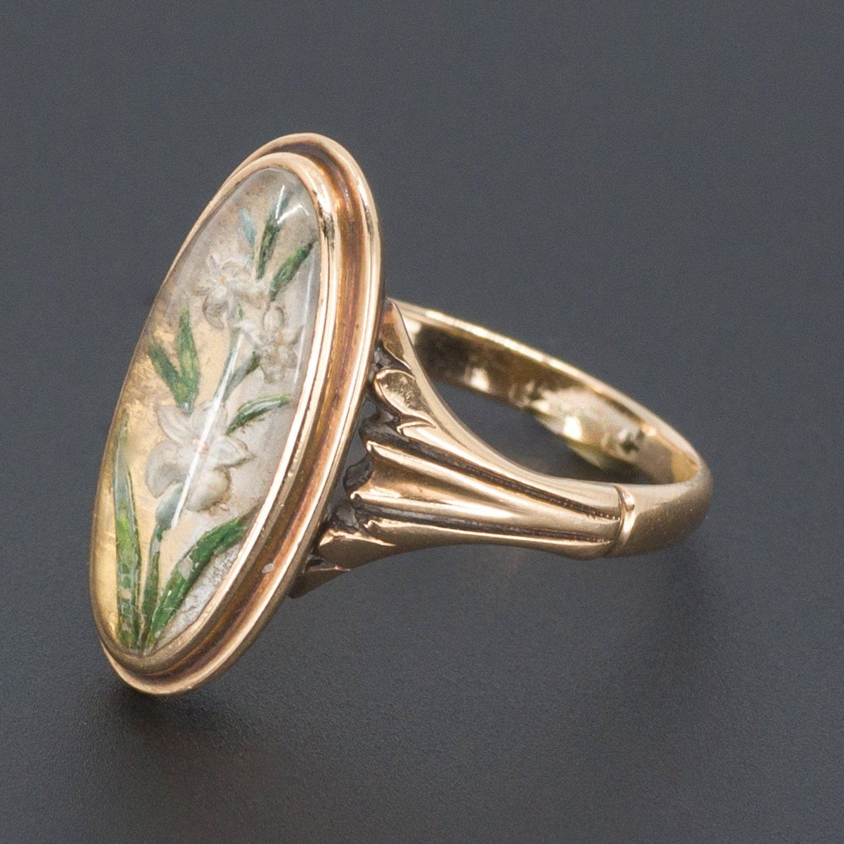 Antique Lily Ring | Reverse Painted Crystal Ring - Trademark Antiques