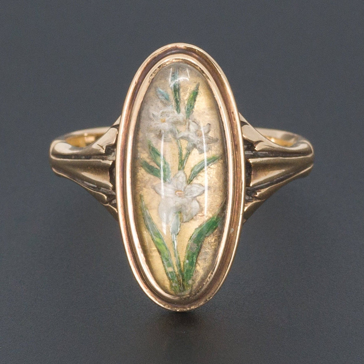 Antique Lily Ring | Reverse Painted Crystal Ring - Trademark Antiques