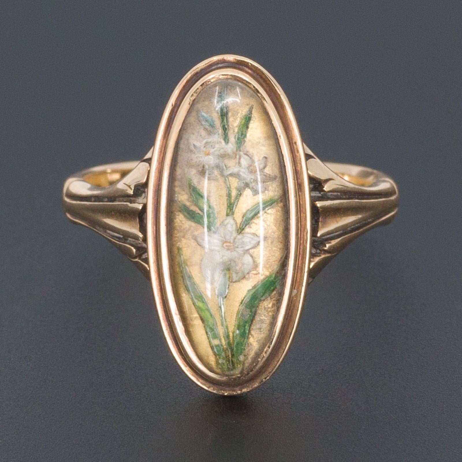 Antique Lily Ring | Reverse Painted Crystal Ring - Trademark Antiques