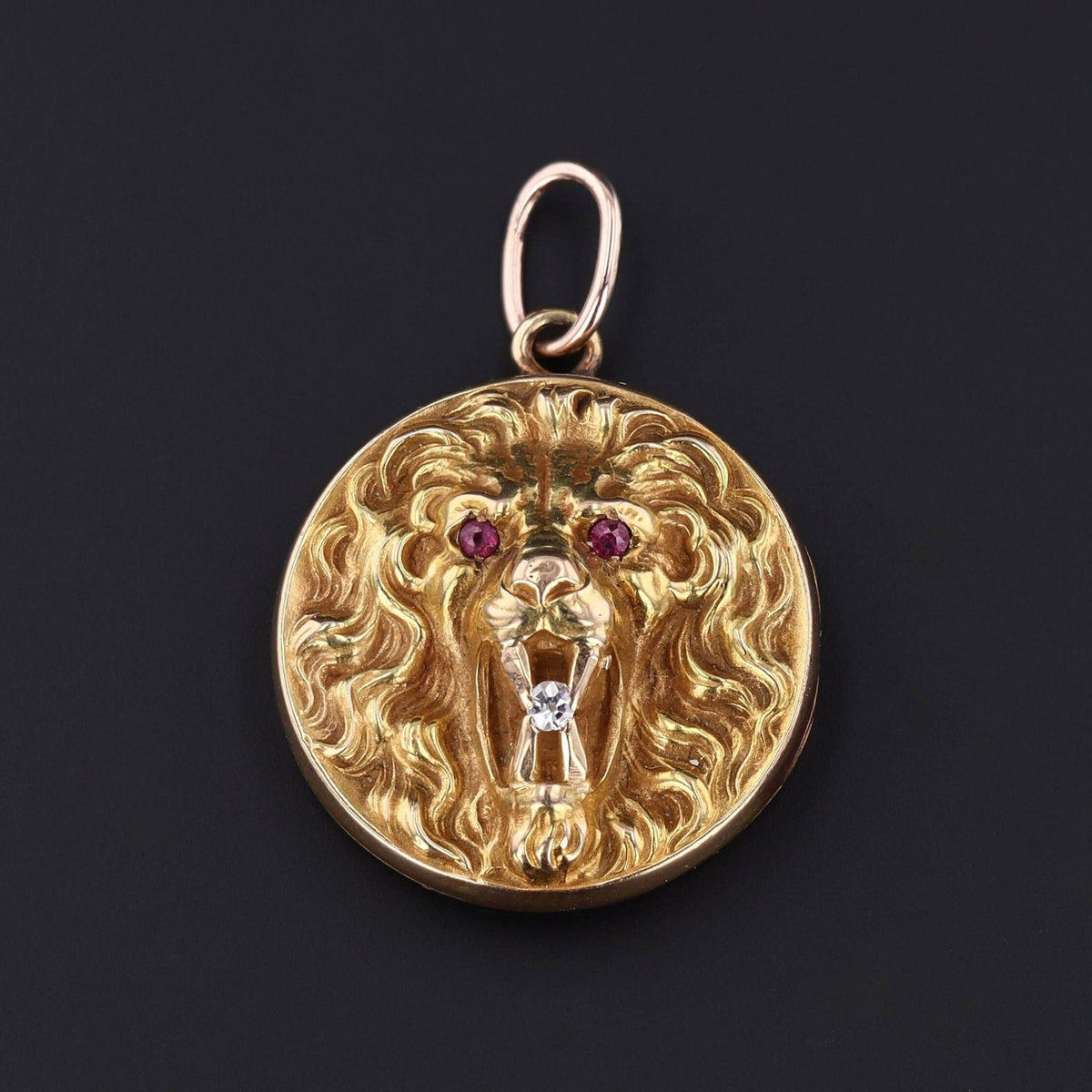 Antique Lion with Rubies and Diamond Locket of 14k Gold - Trademark Antiques