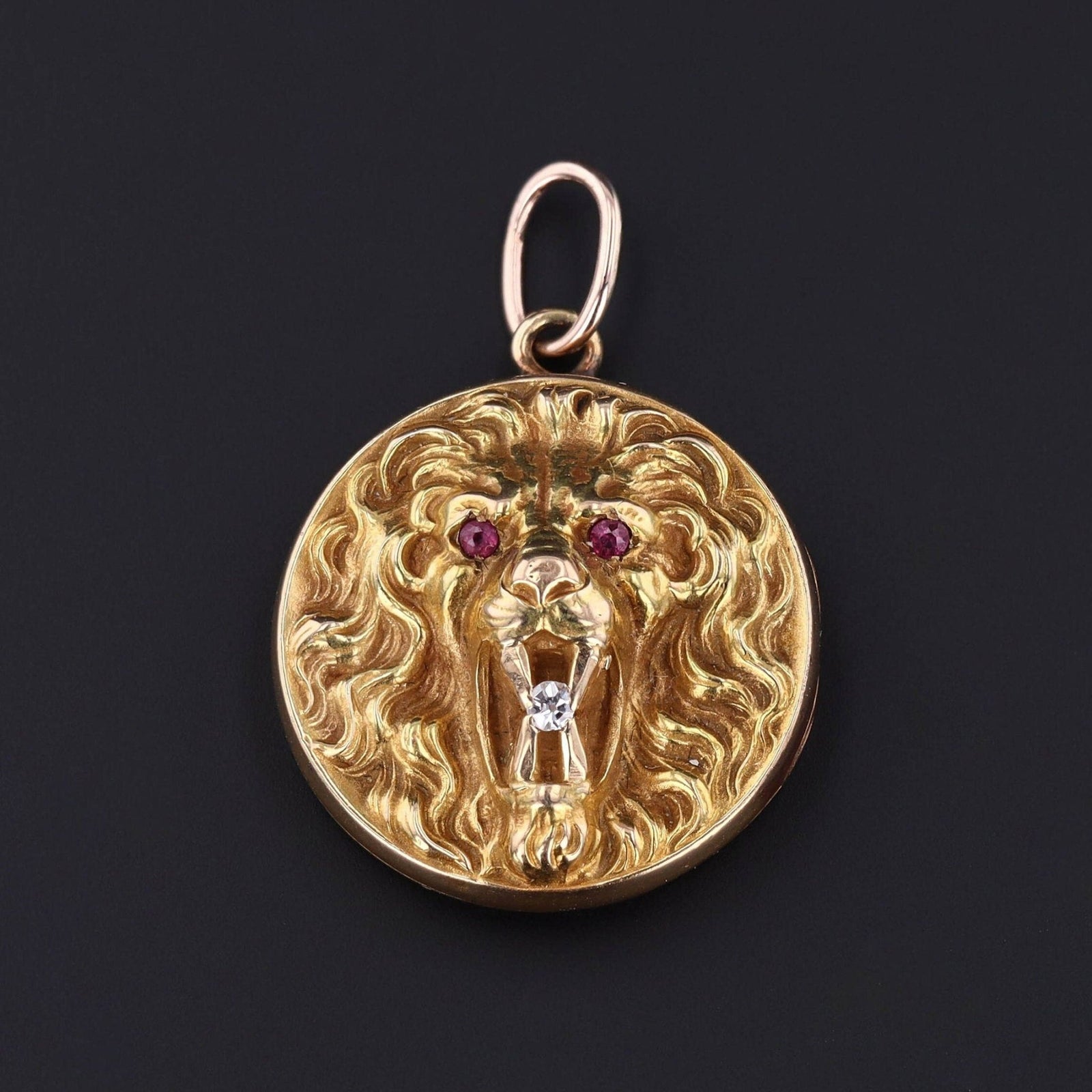 Antique Lion with Rubies and Diamond Locket of 14k Gold - Trademark Antiques