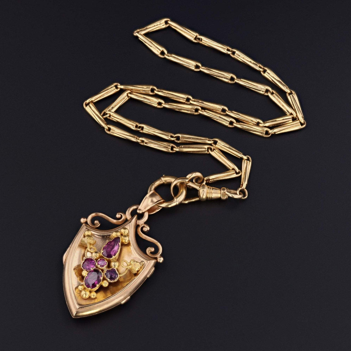 Antique Locket | 14k Gold &amp; Garnet Shield Locket on Optional 18k Chain - Trademark Antiques