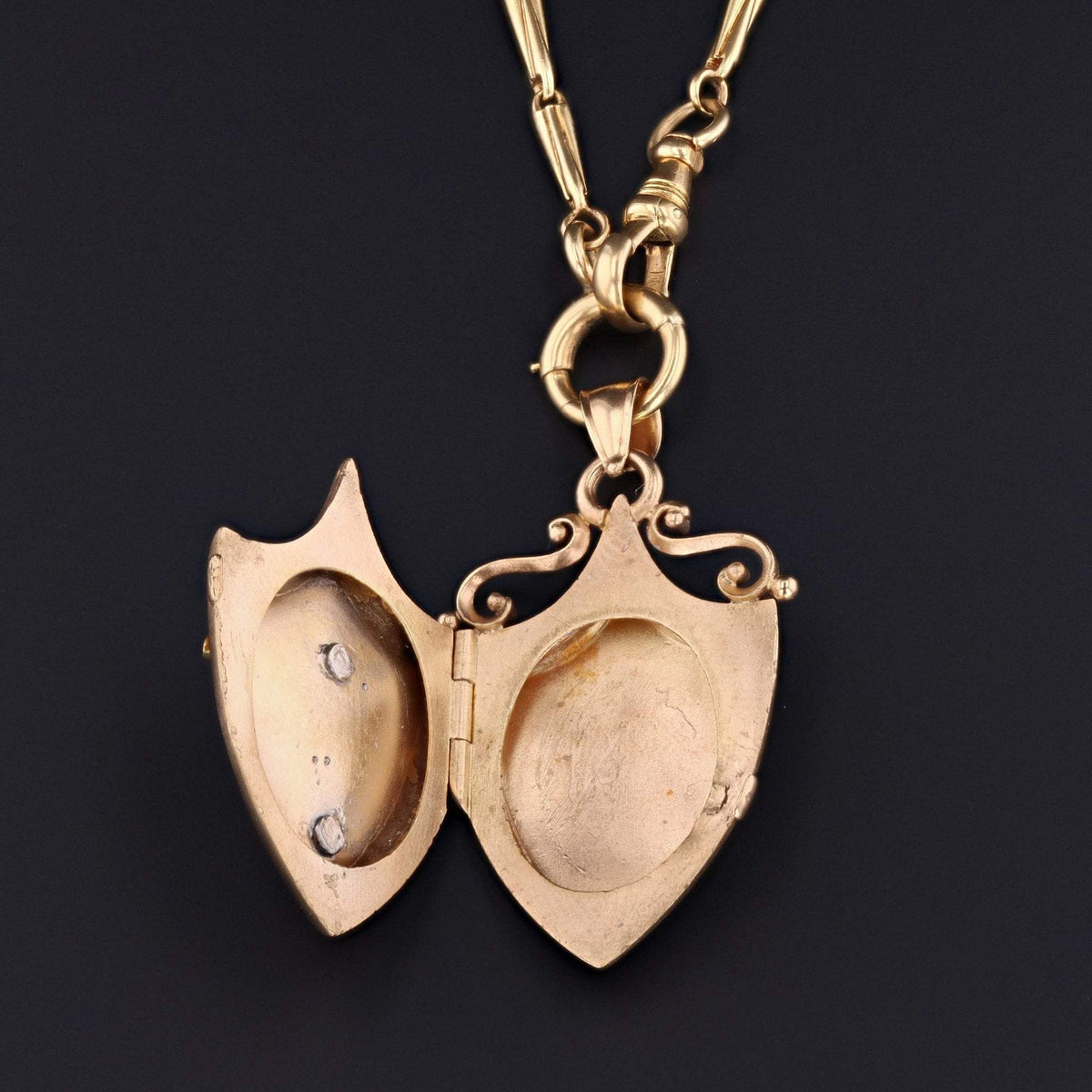 Antique Locket | 14k Gold &amp; Garnet Shield Locket on Optional 18k Chain - Trademark Antiques