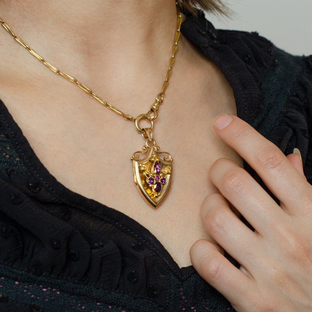 Antique Locket | 14k Gold &amp; Garnet Shield Locket on Optional 18k Chain - Trademark Antiques
