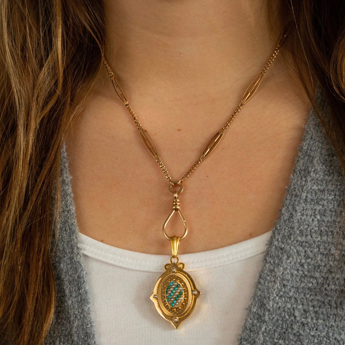 Antique Locket | Turquoise &amp; Pearl Locket - Trademark Antiques