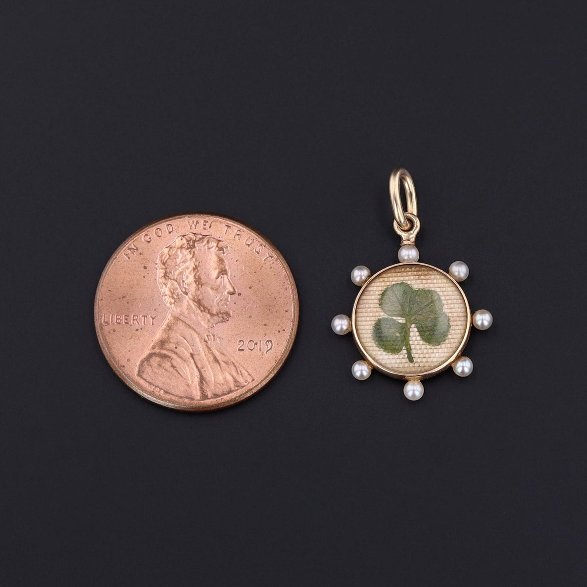 Antique Lucky Clover Charm of 14k Gold with Post Set Pearl Accents Originally a Stickpin - Trademark Antiques