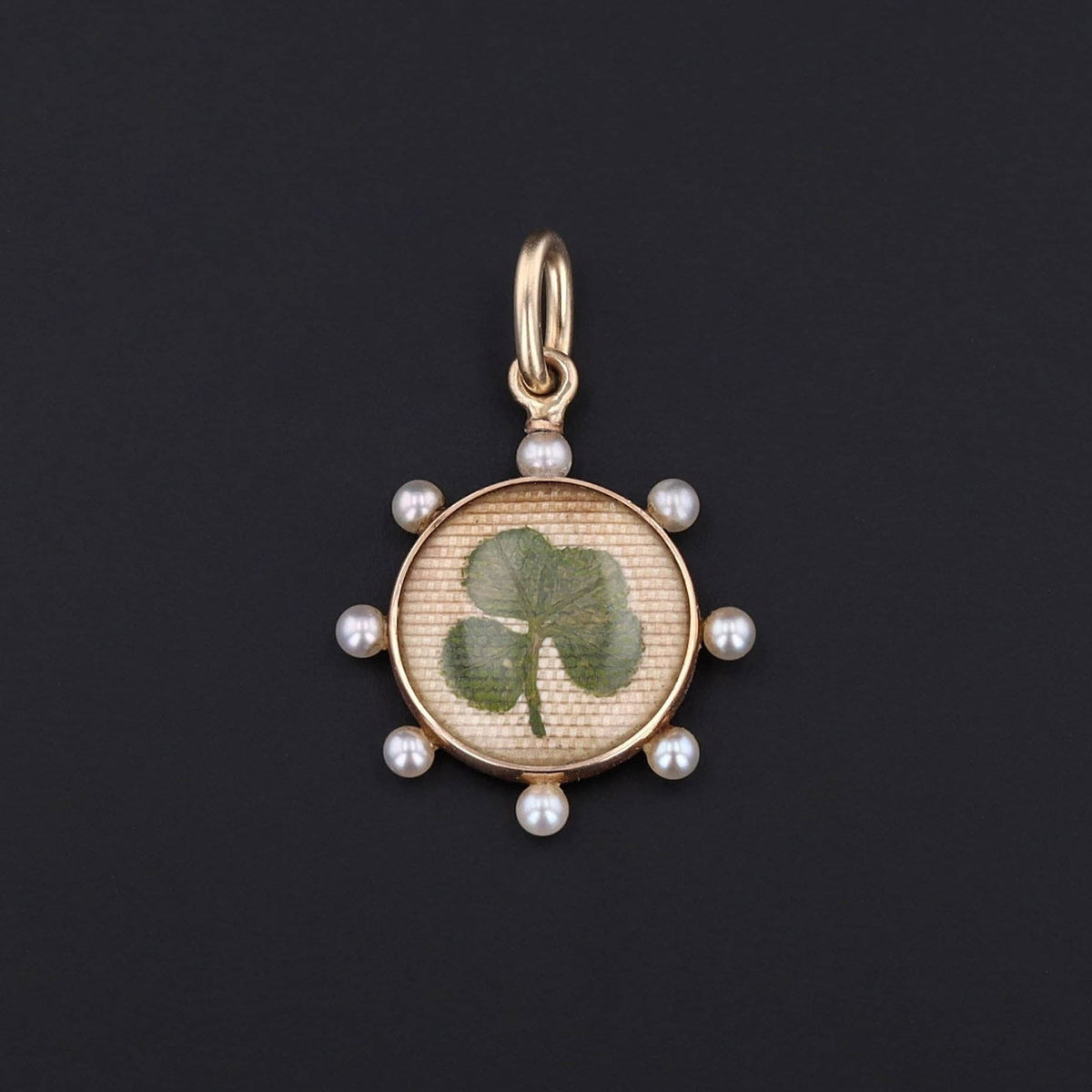 Antique Lucky Clover Charm of 14k Gold with Post Set Pearl Accents Originally a Stickpin - Trademark Antiques