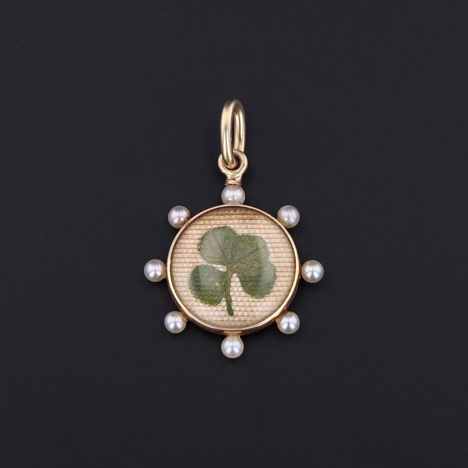 Antique Lucky Clover Charm of 14k Gold with Post Set Pearl Accents Originally a Stickpin - Trademark Antiques