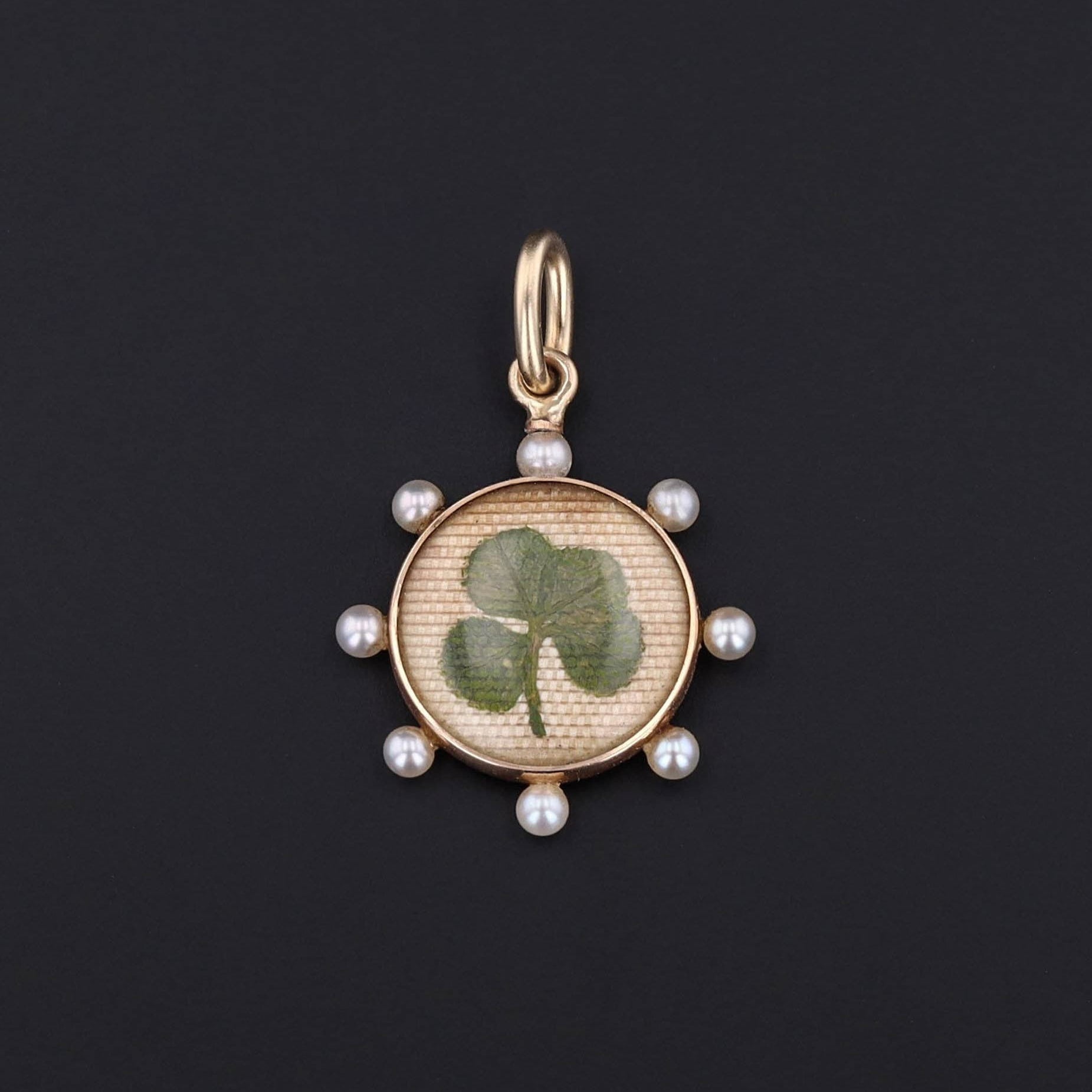 Antique Lucky Clover Charm of 14k Gold with Post Set Pearl Accents Originally a Stickpin - Trademark Antiques
