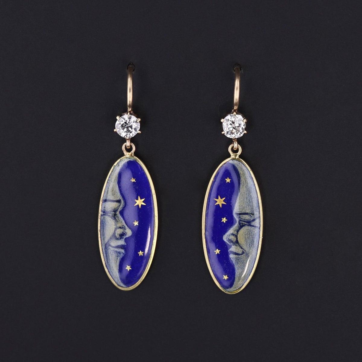 Antique Man in the Moon Earrings | 14k Gold Enamel &amp; Diamond Earrings - Trademark Antiques
