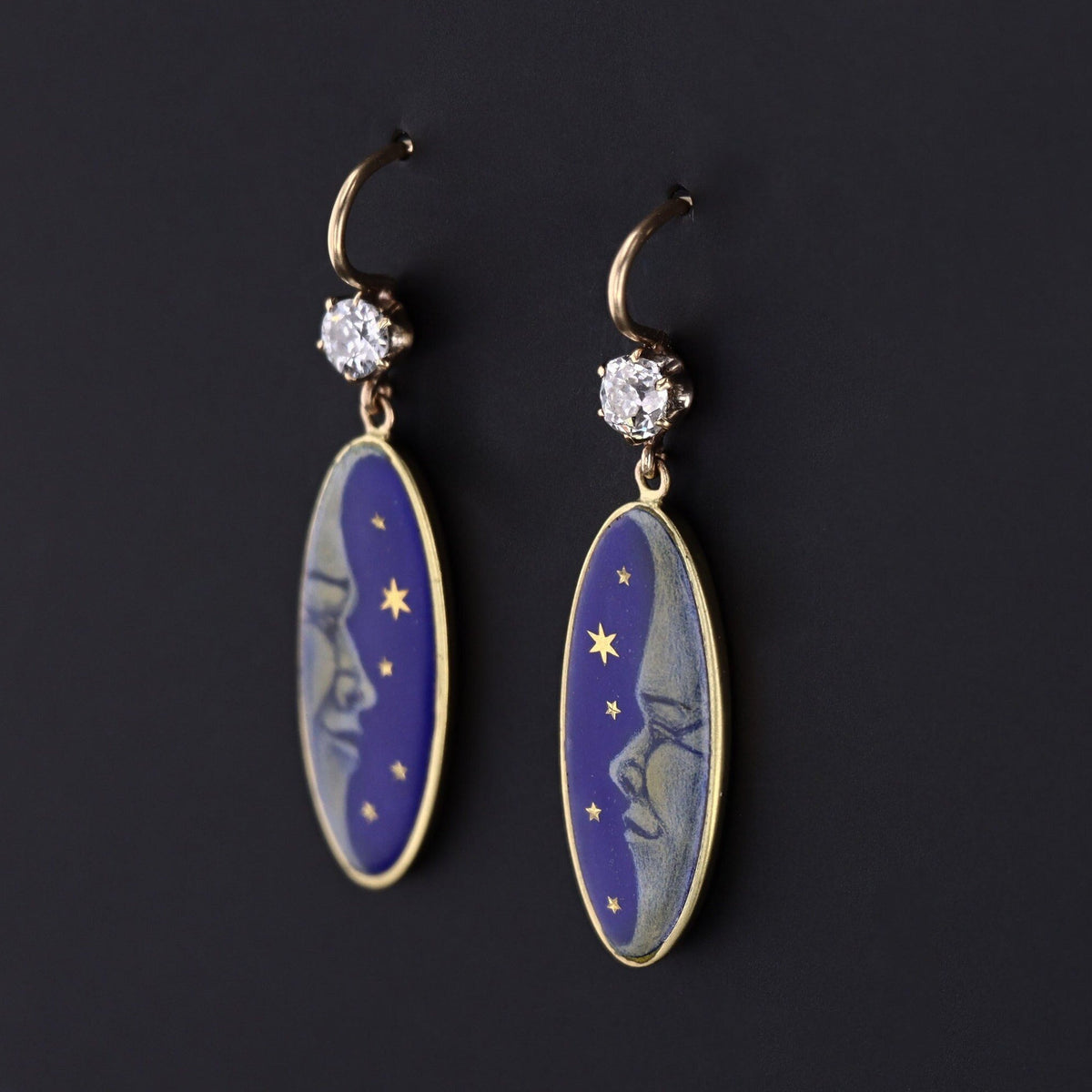 Antique Man in the Moon Earrings | 14k Gold Enamel &amp; Diamond Earrings - Trademark Antiques