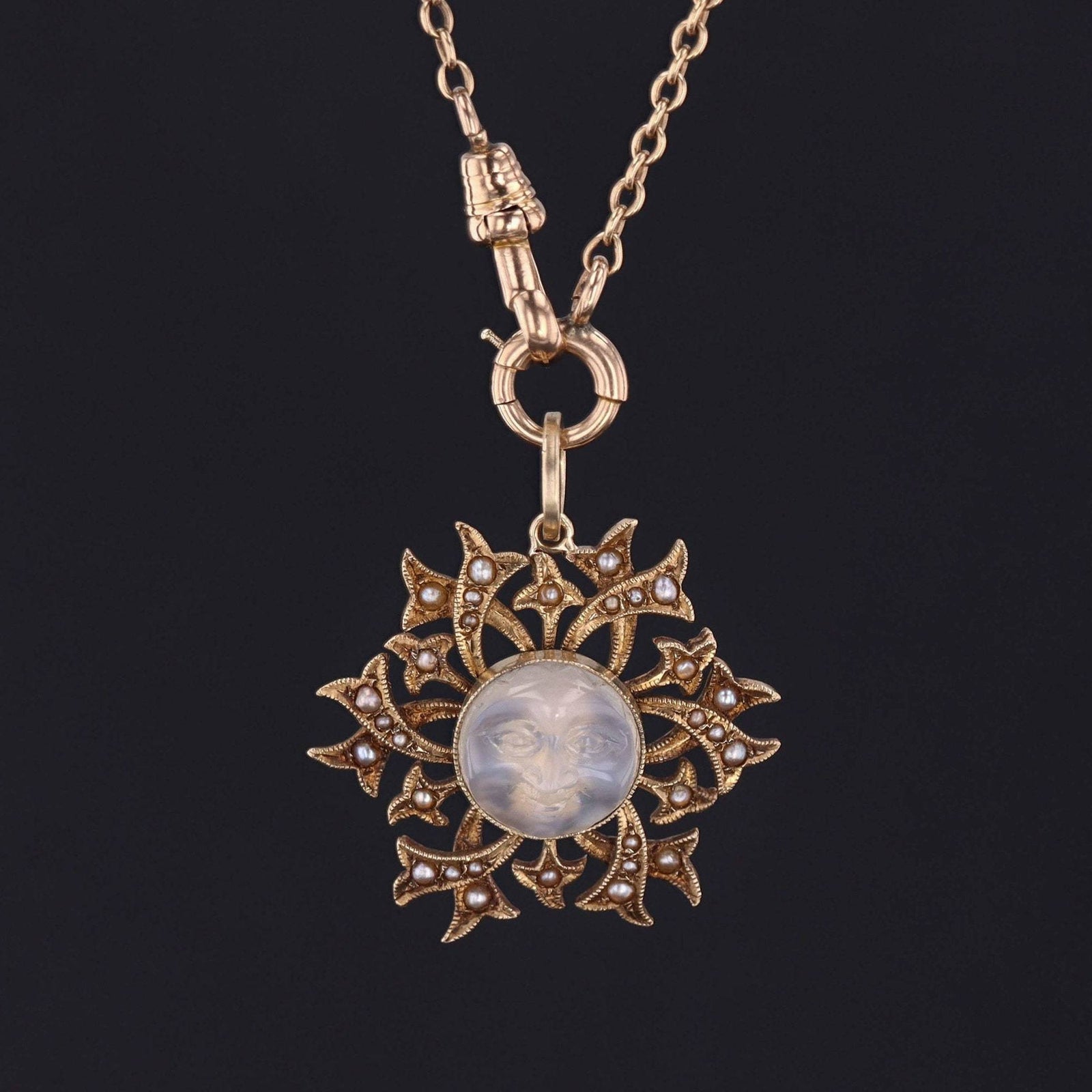 Antique Man in the Moon Pendant | Carved Moonstone Pendant - Trademark Antiques