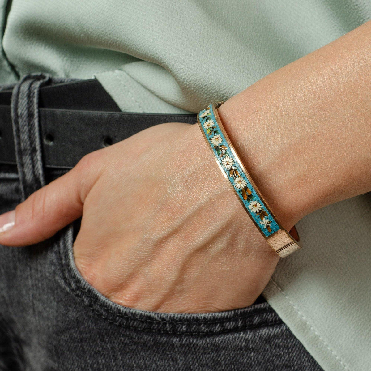 Antique Micro Mosaic Flower Bangle Bracelet | Gold Filled Bangle Bracelet - Trademark Antiques