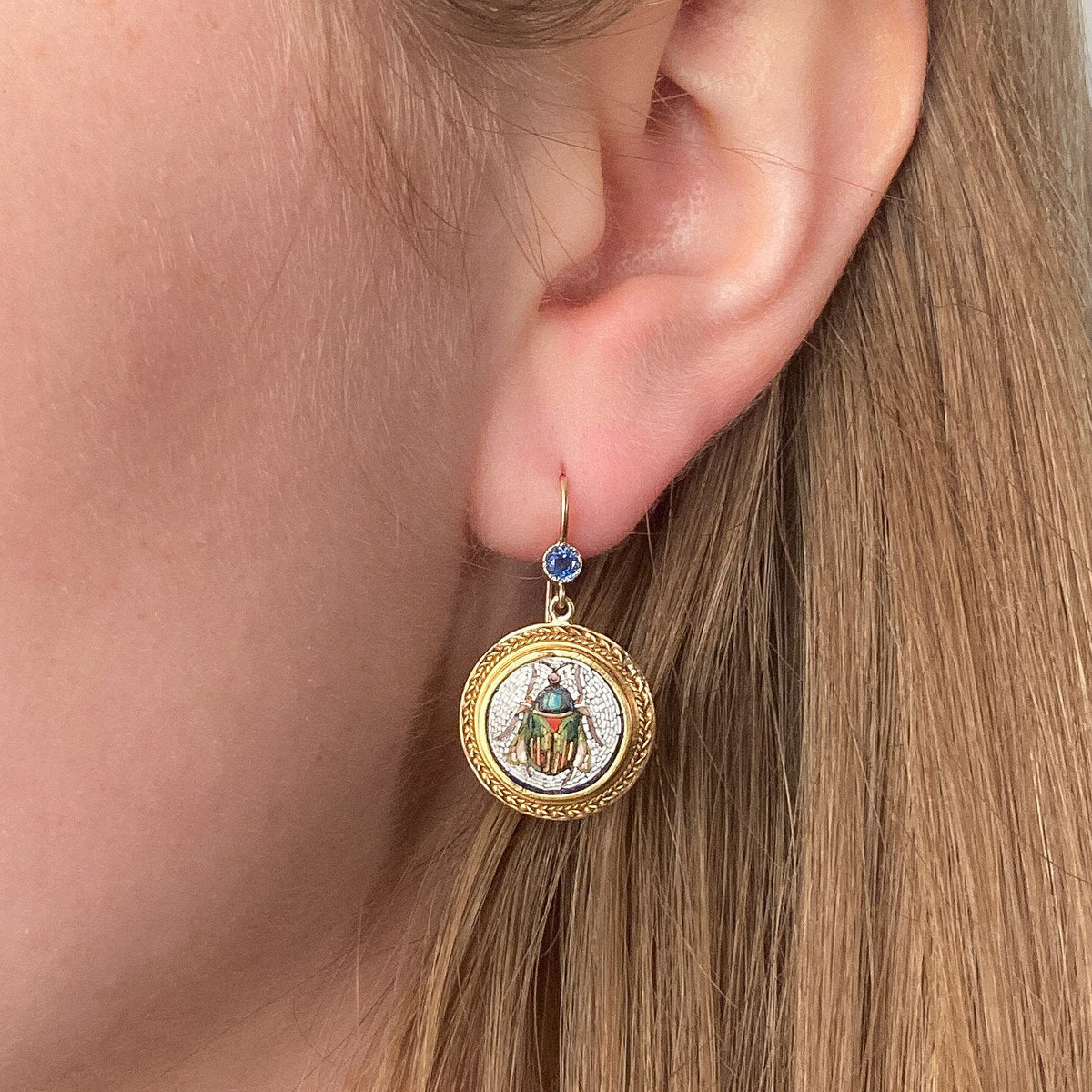 Antique Micromosaic Beetle Earrings with Sapphires - Trademark Antiques