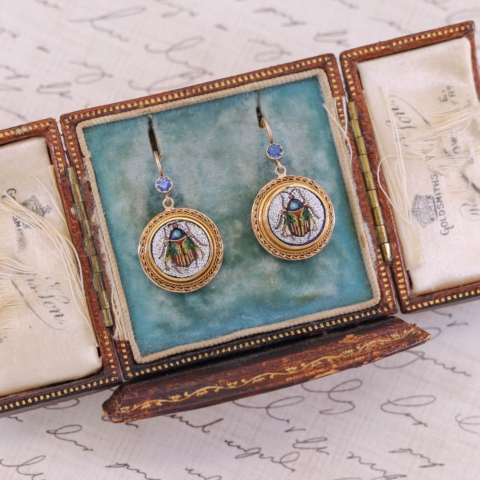Antique Micromosaic Beetle Earrings with Sapphires - Trademark Antiques