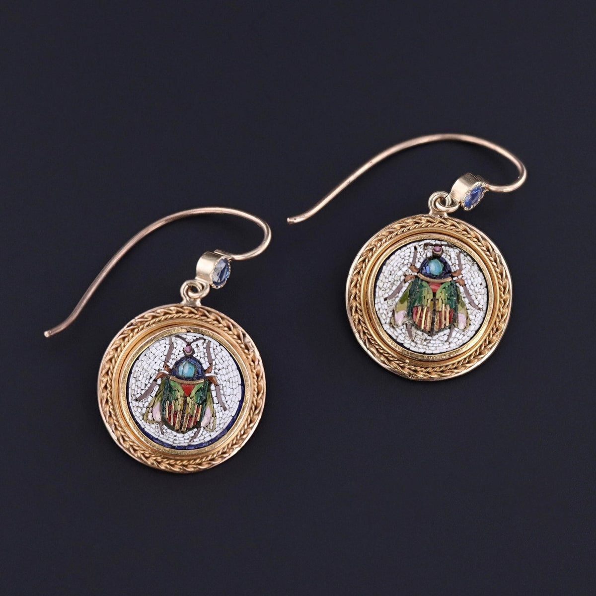 Antique Micromosaic Beetle Earrings with Sapphires - Trademark Antiques