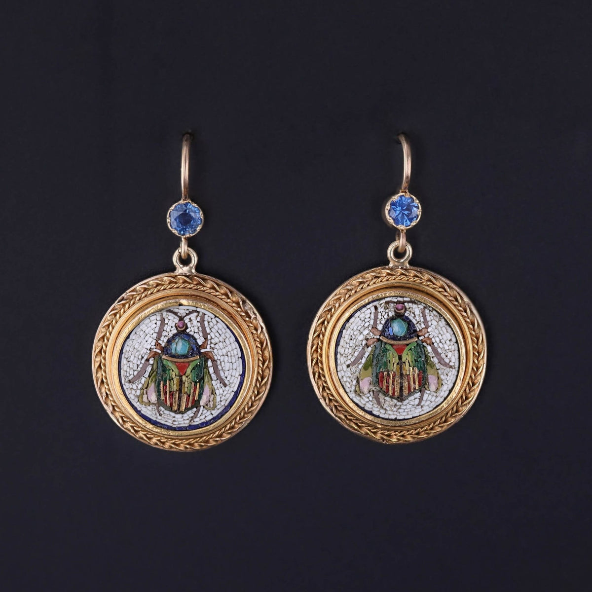 Antique Micromosaic Beetle Earrings with Sapphires - Trademark Antiques