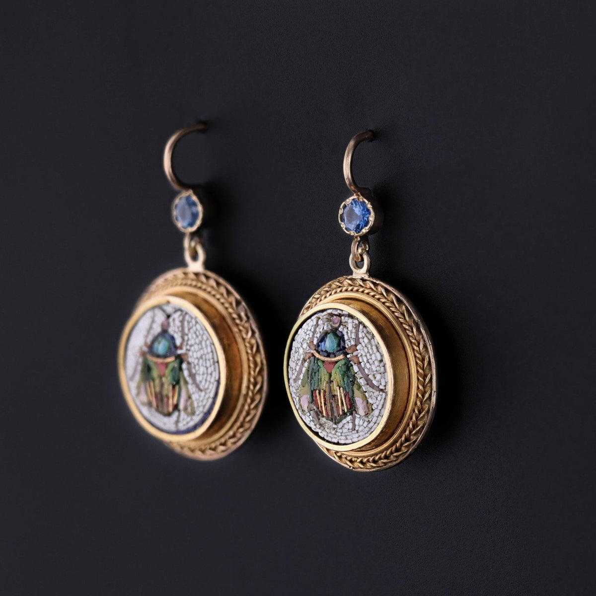 Antique Micromosaic Beetle Earrings with Sapphires - Trademark Antiques
