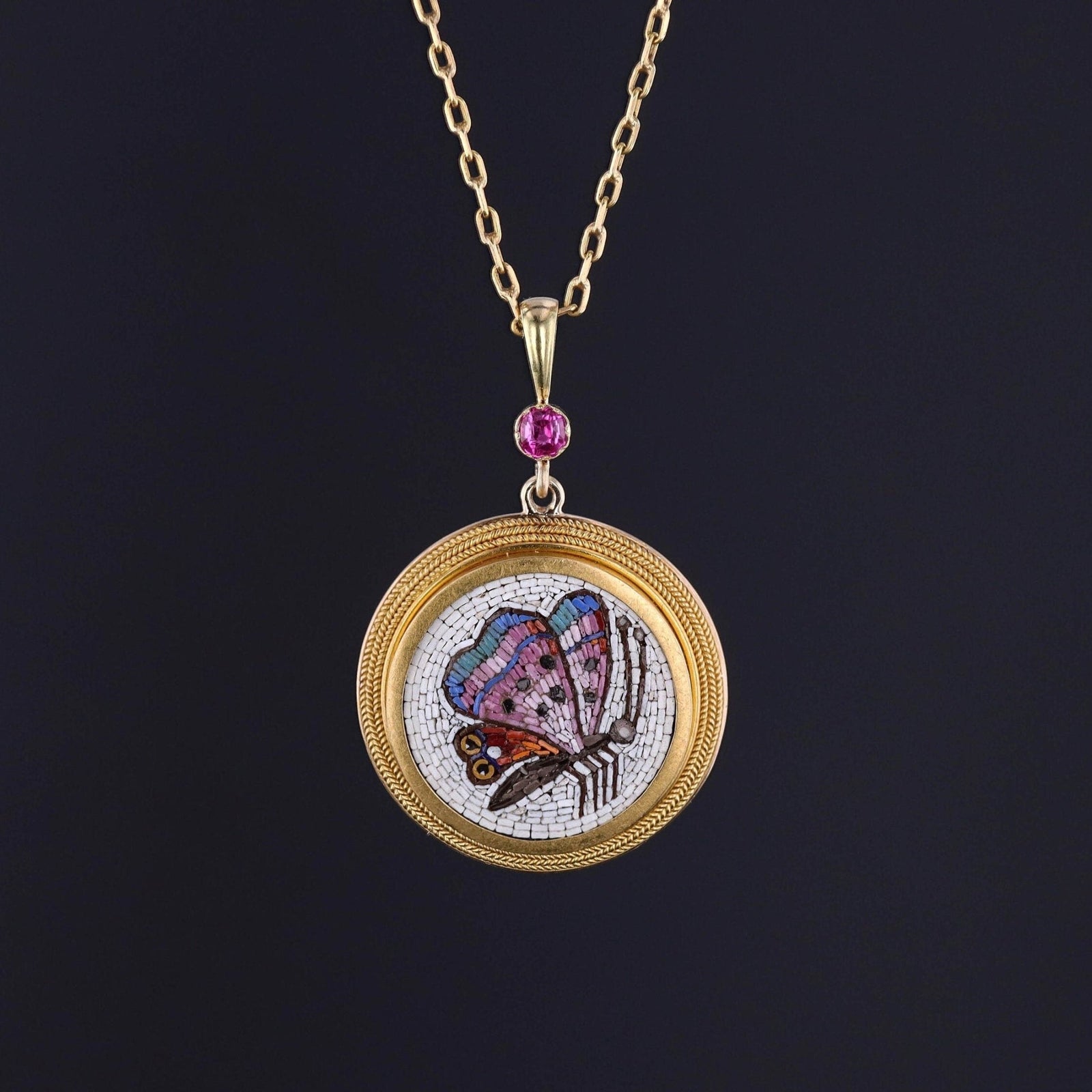 Antique Micromosaic Butterfly Pendant of 18k Gold - Trademark Antiques