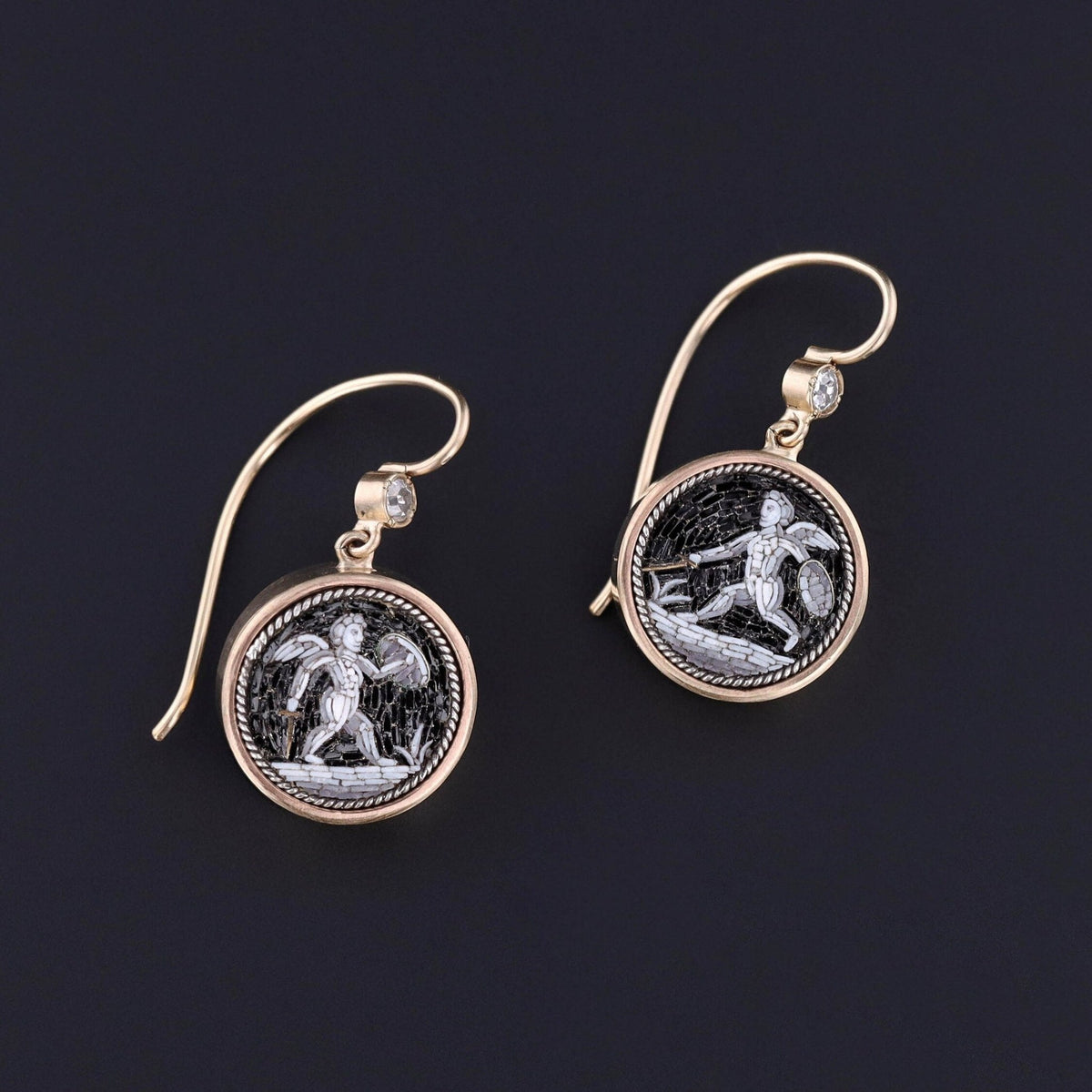 Antique Micromosaic Cherub or Putti Conversion Earrings of 14k Gold - Trademark Antiques
