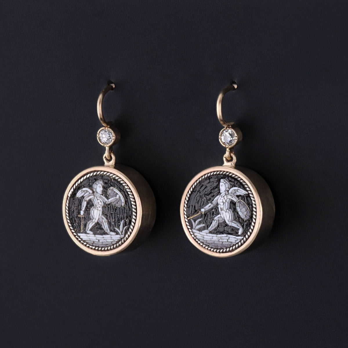 Antique Micromosaic Cherub or Putti Conversion Earrings of 14k Gold - Trademark Antiques