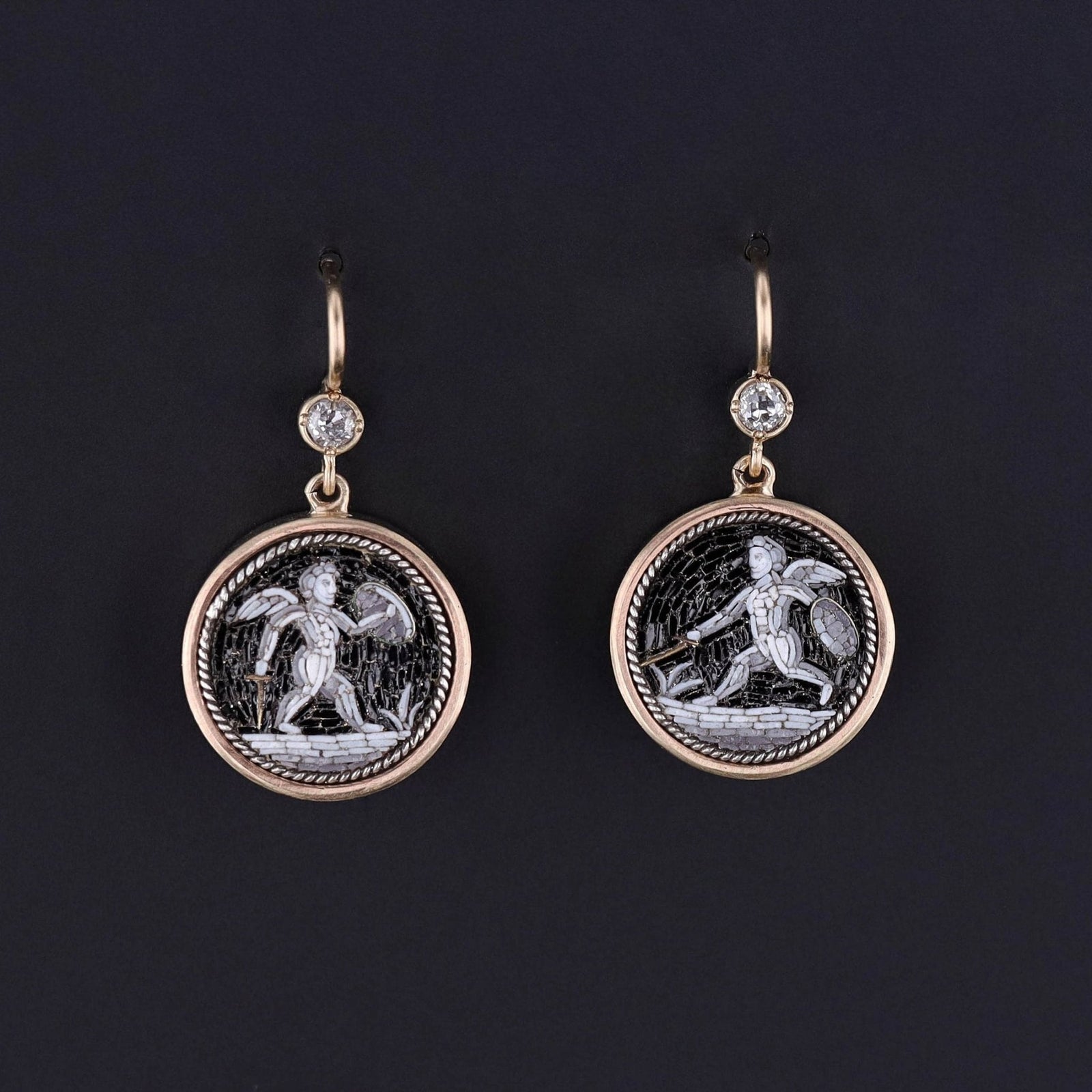 Antique Micromosaic Cherub or Putti Conversion Earrings of 14k Gold - Trademark Antiques