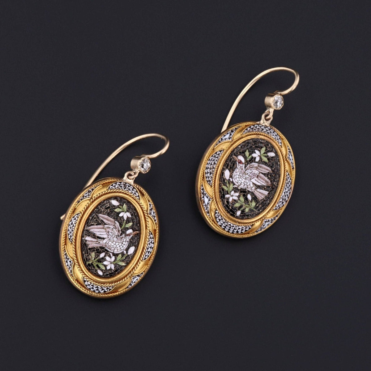 Antique Micromosaic Dove Conversion Earrings of 14k Gold - Trademark Antiques