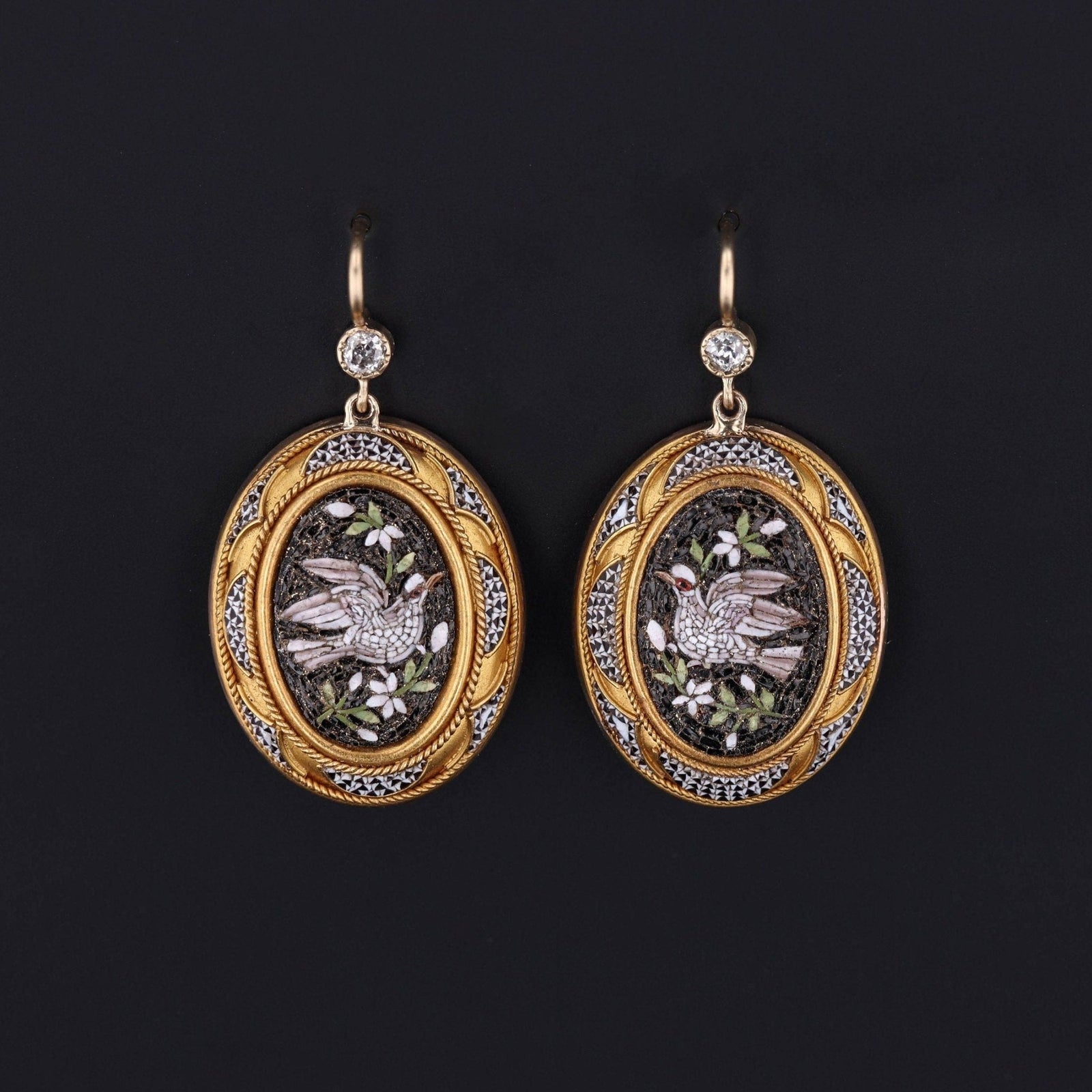 Antique Micromosaic Dove Conversion Earrings of 14k Gold - Trademark Antiques