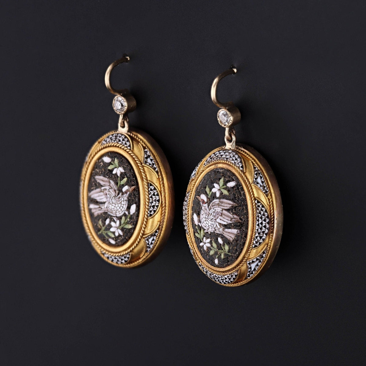 Antique Micromosaic Dove Conversion Earrings of 14k Gold - Trademark Antiques