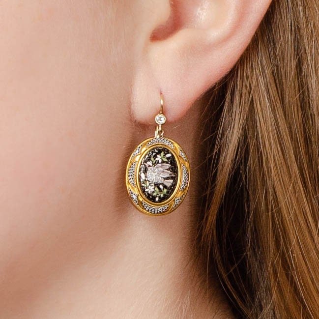 Antique Micromosaic Dove Conversion Earrings of 14k Gold - Trademark Antiques
