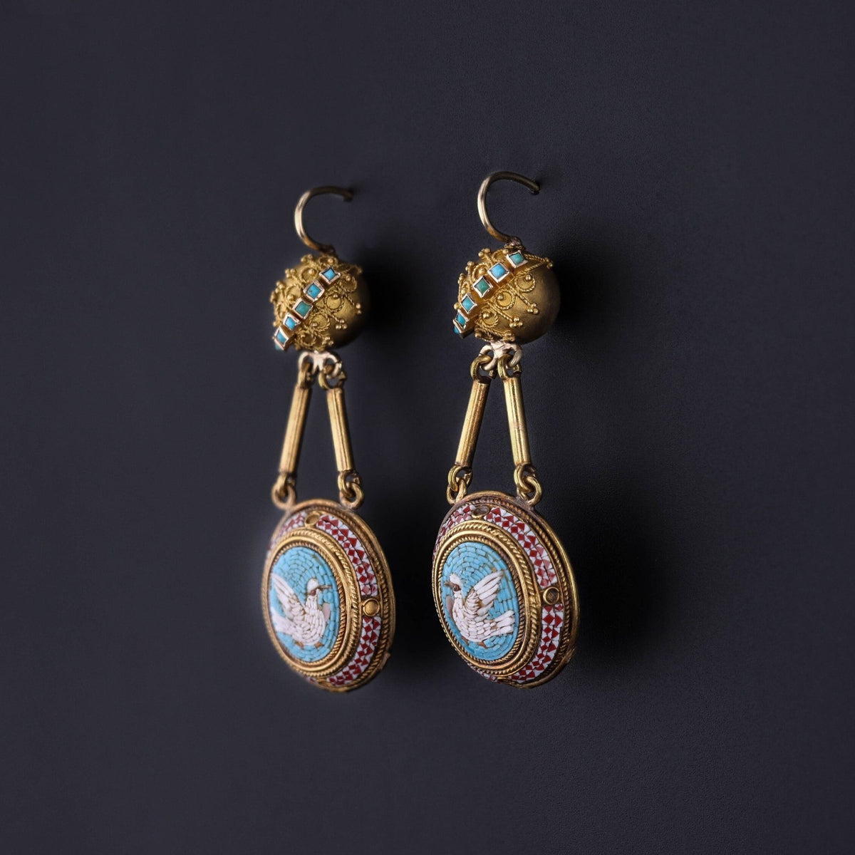 Antique Micromosaic Dove Earrings of 14k Gold - Trademark Antiques