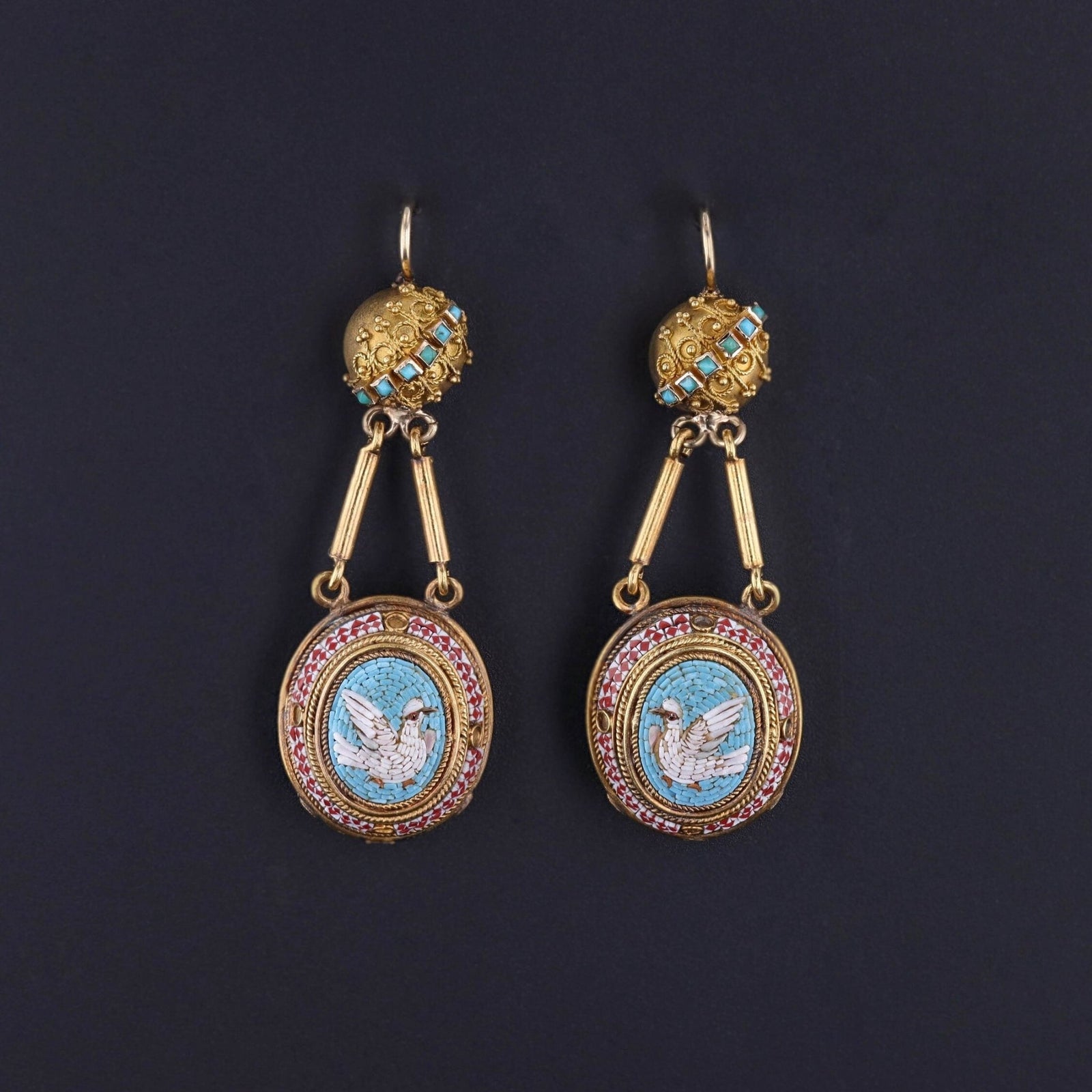 Antique Micromosaic Dove Earrings of 14k Gold - Trademark Antiques