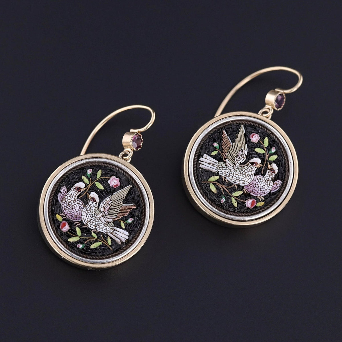 Antique Micromosaic Dove Earrings of 14k Gold - Trademark Antiques