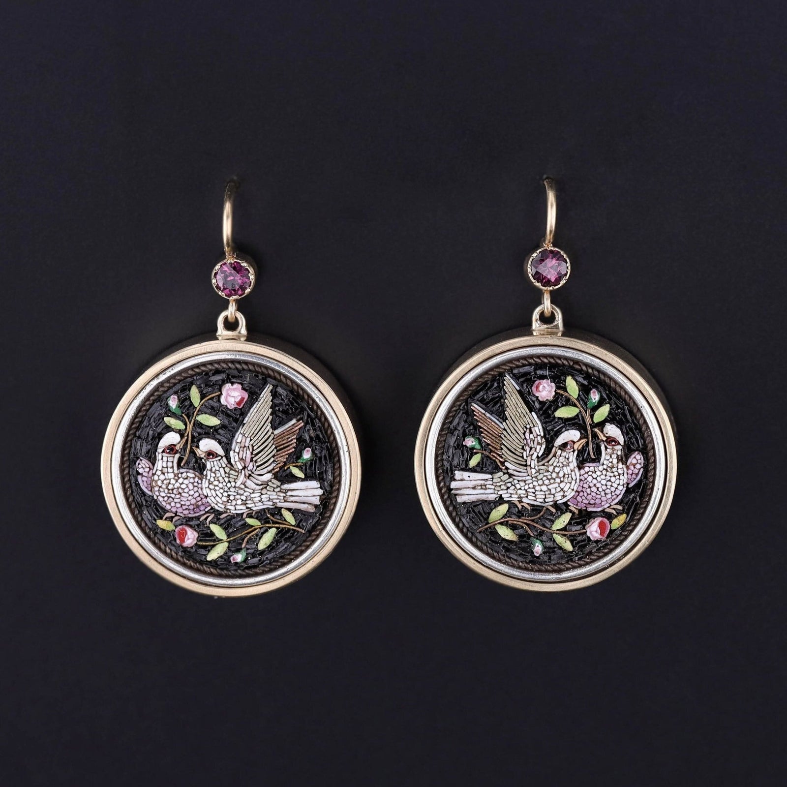 Antique Micromosaic Dove Earrings of 14k Gold - Trademark Antiques