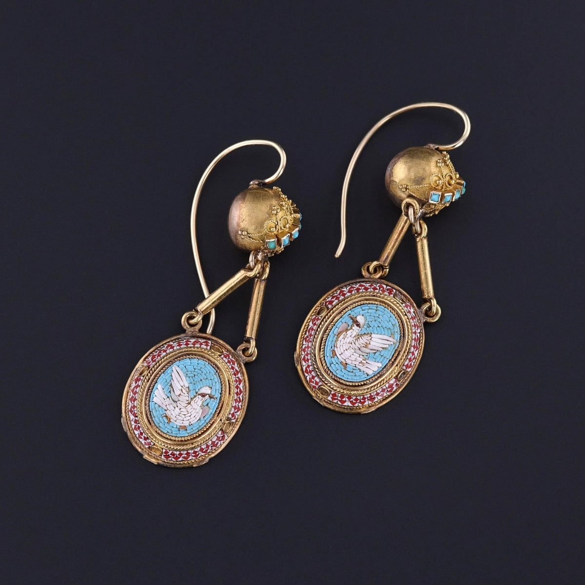 Antique Micromosaic Dove Earrings of 14k Gold - Trademark Antiques