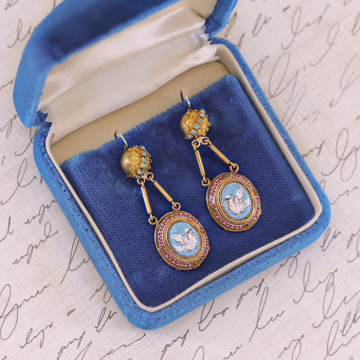 Antique Micromosaic Dove Earrings of 14k Gold - Trademark Antiques