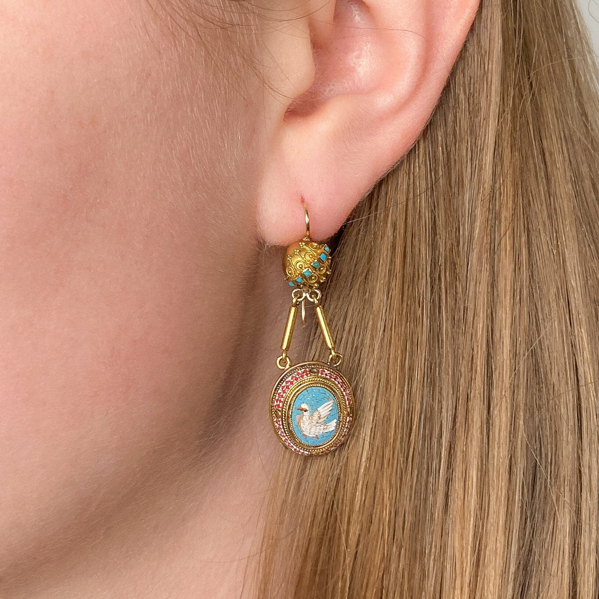 Antique Micromosaic Dove Earrings of 14k Gold - Trademark Antiques