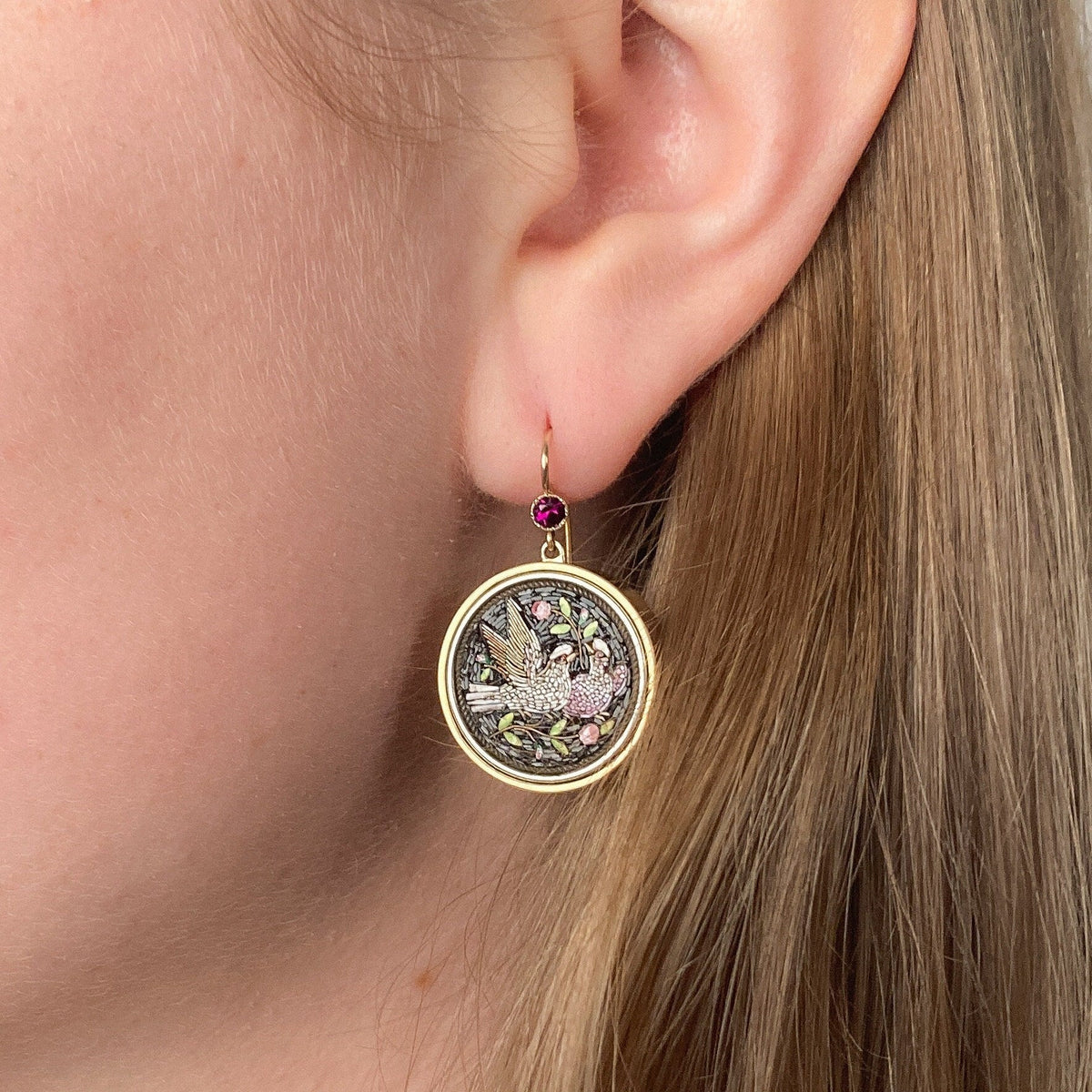 Antique Micromosaic Dove Earrings of 14k Gold - Trademark Antiques